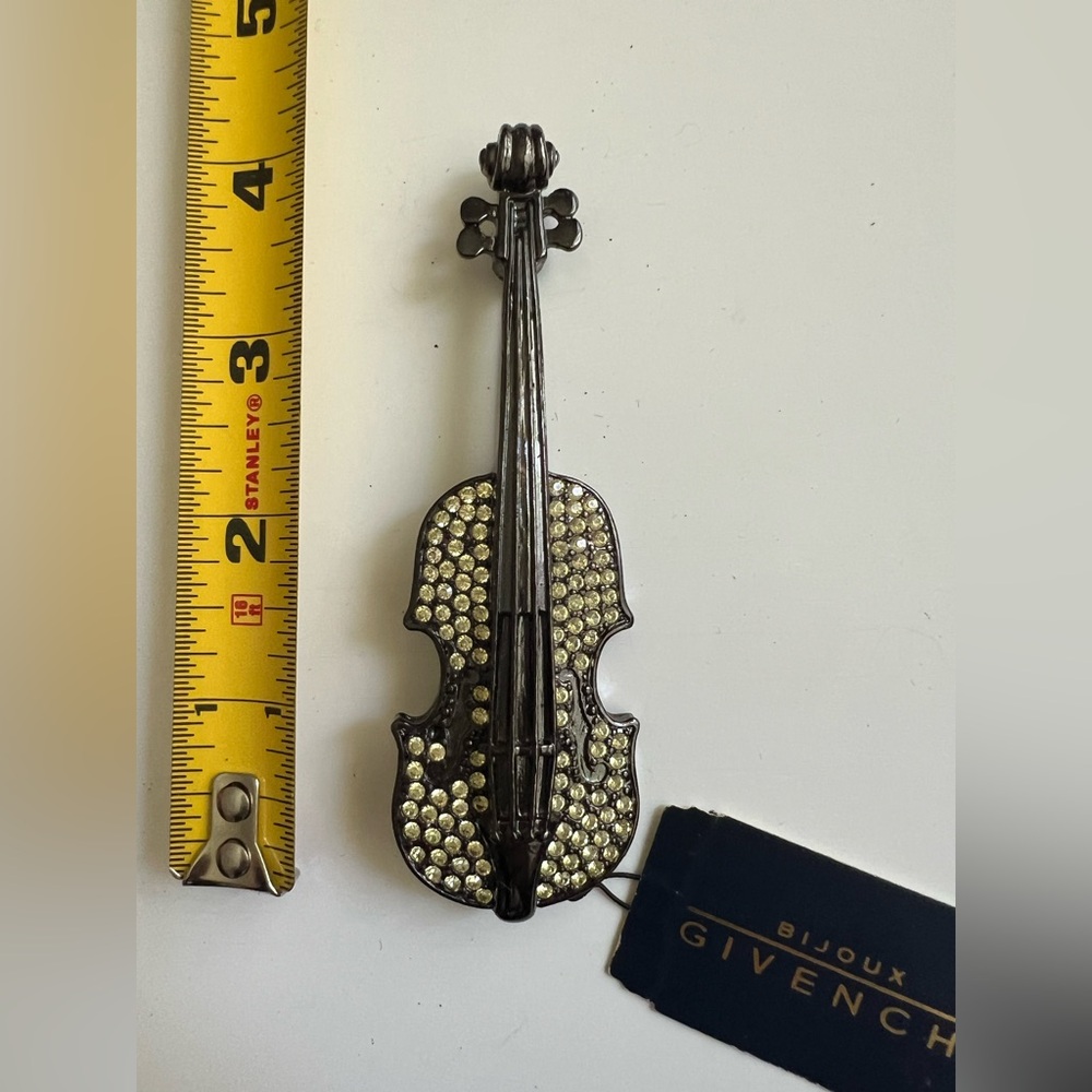 Givenchy Paris Vintage 1970's Figural Violin Brooch Gunmetal Finish & Rhinestone